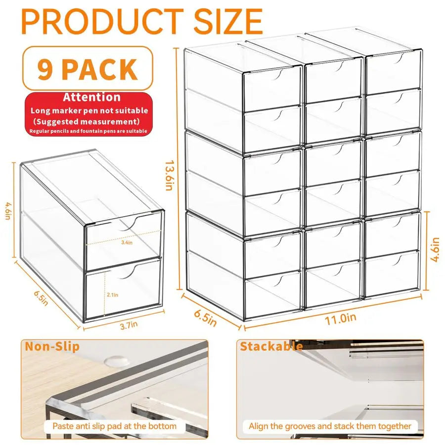 9 Pack Small Acrylic Drawers With 18 Drawers,Clear Drawer Organizers Stackable,School,Office Supplies Organizer And Storage Bins