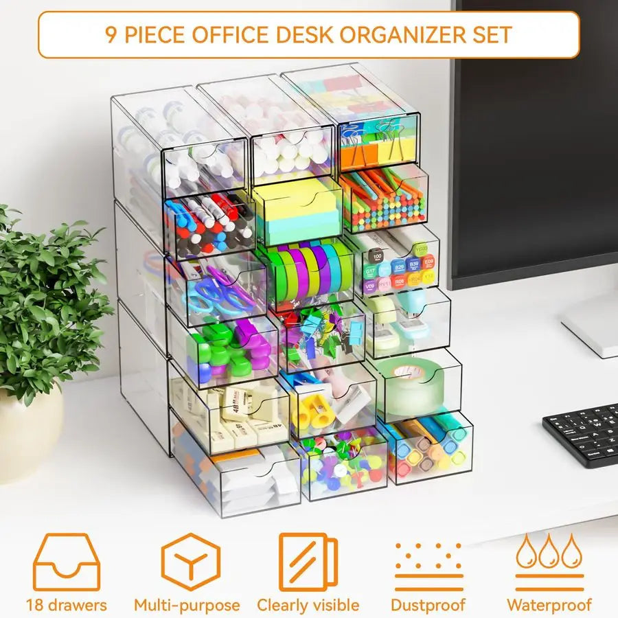 9 Pack Small Acrylic Drawers With 18 Drawers,Clear Drawer Organizers Stackable,School,Office Supplies Organizer And Storage Bins