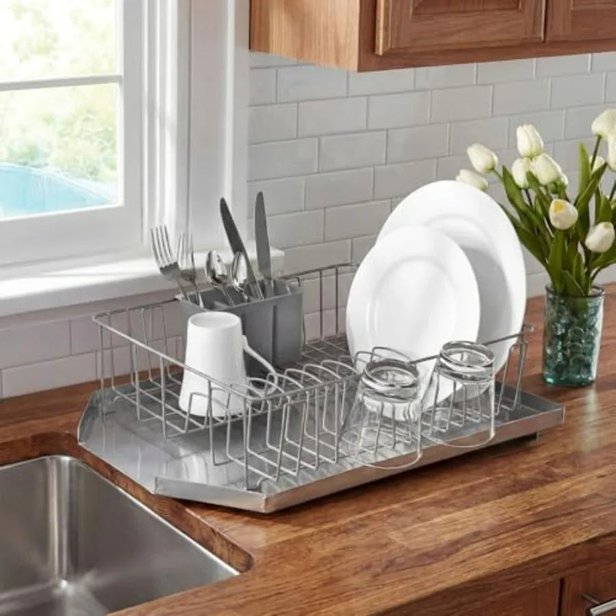 Stainless Steel Dish Drain Rack with End Opening for Sink Countertop Rustproof Utensil Drying Rack in Silver Finish Efficient W